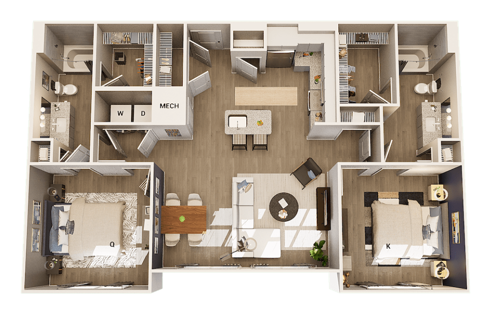 B1 - 2 bedroom floorplan layout with 2 baths and 1180 square feet. (Floor 1)